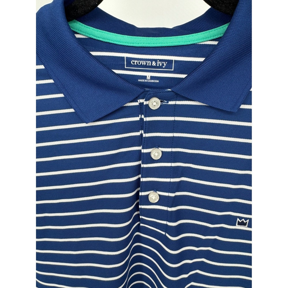 Crown Ivy Men's Blue‎ White Stripe Short Sleeve Polo Shirt Medium - Picture 2 of 5